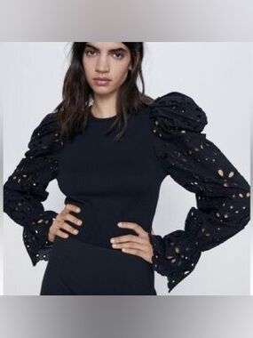 Zara Black Eyelet Puff Sleeve Top Size S Romantic Cottagecore Blouse